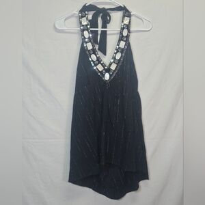 Barkin Black Halter Top with Embellished Neckline